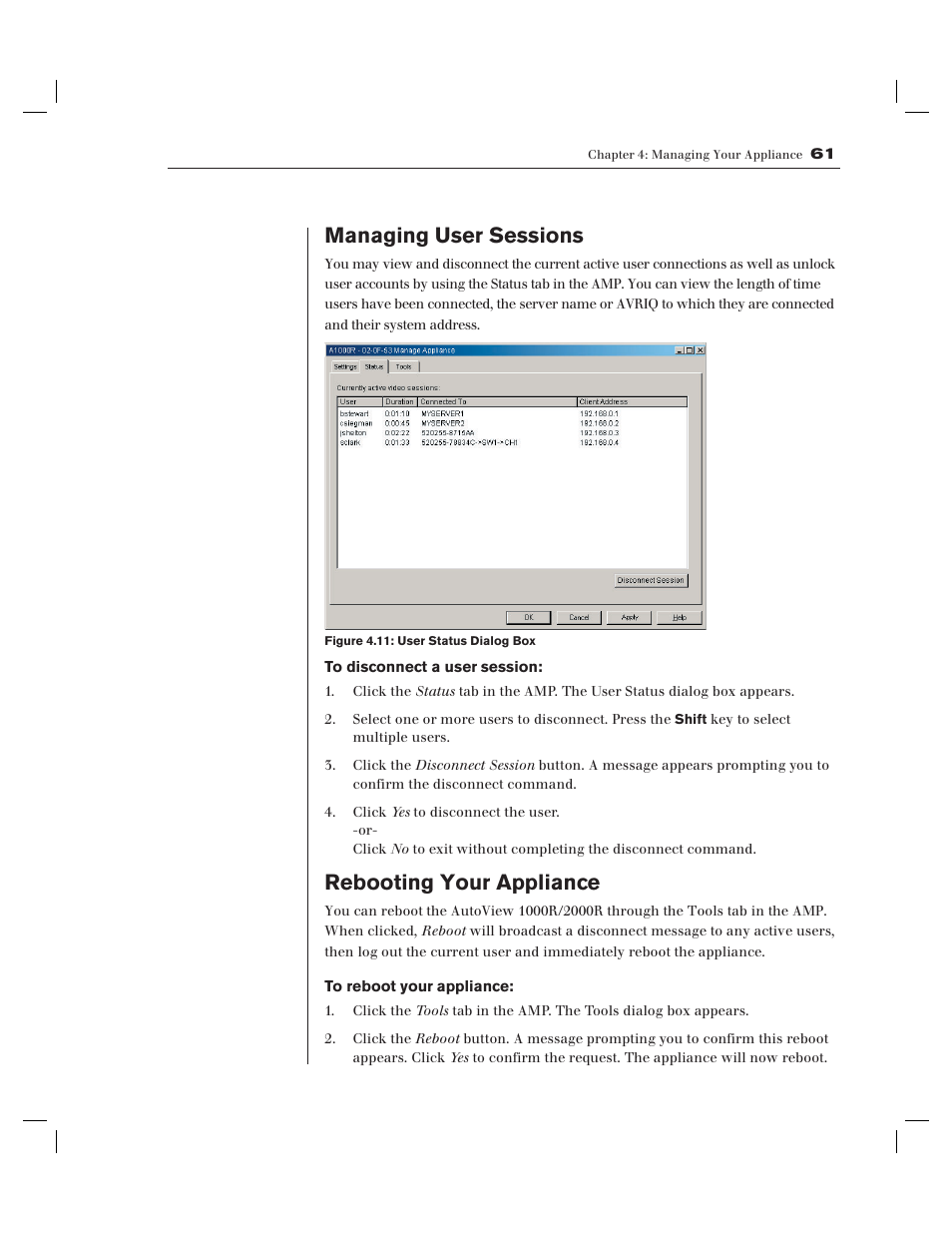Managing user sessions, Rebooting your appliance | Avocent AV Works User Manual | Page 66 / 91