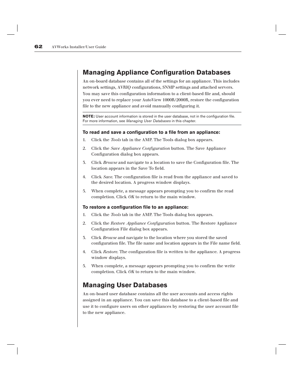 Managing appliance configuration databases, Managing user databases | Avocent AV Works User Manual | Page 67 / 91