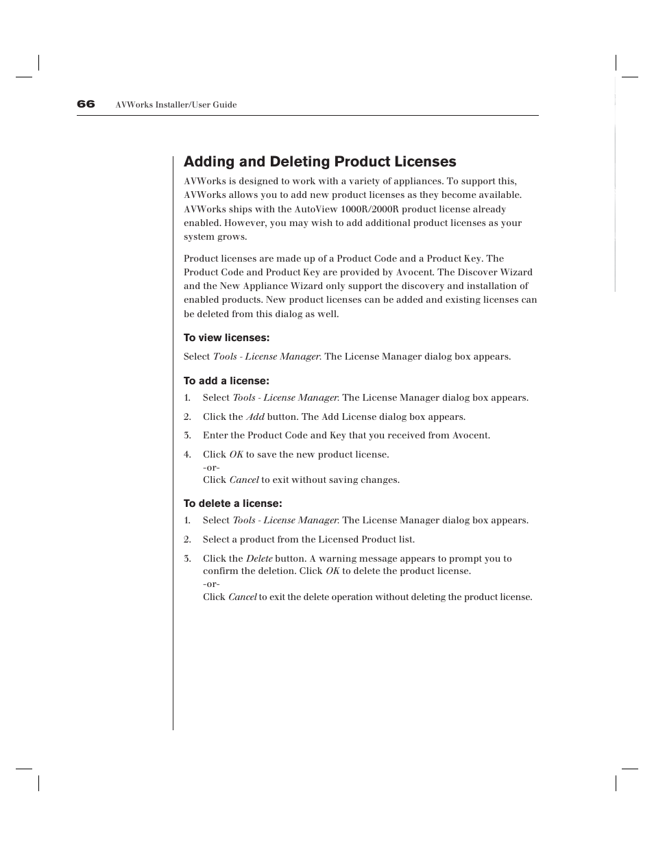 Adding and deleting product licenses | Avocent AV Works User Manual | Page 71 / 91