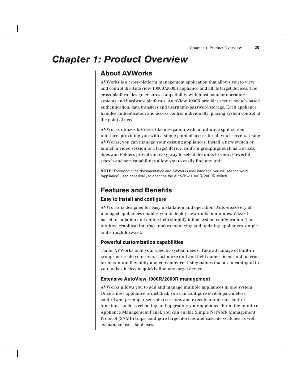 Chapter 1: product overview, About avworks, Features and benefits | Avocent AV Works User Manual | Page 8 / 91