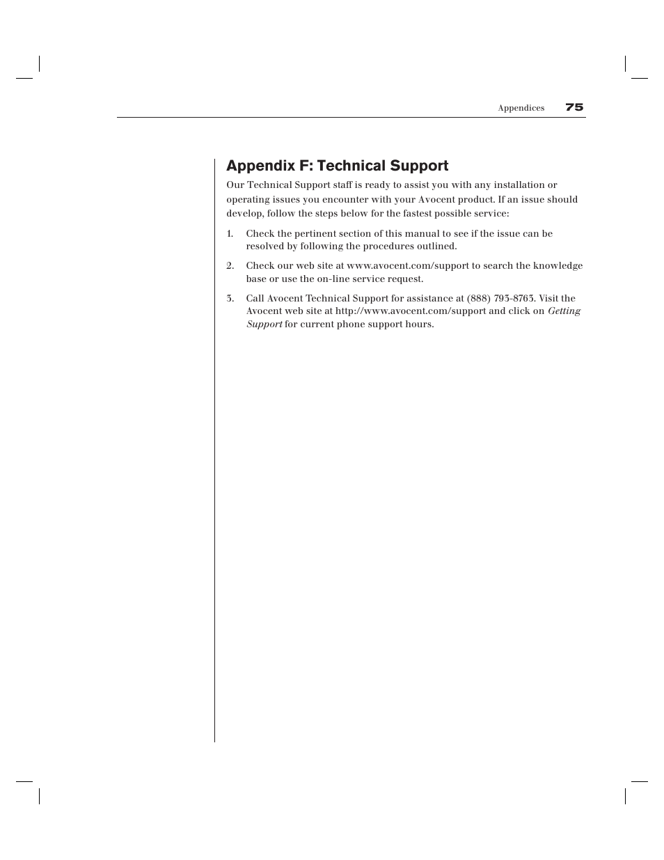Appendix f: technical support | Avocent AV Works User Manual | Page 80 / 91