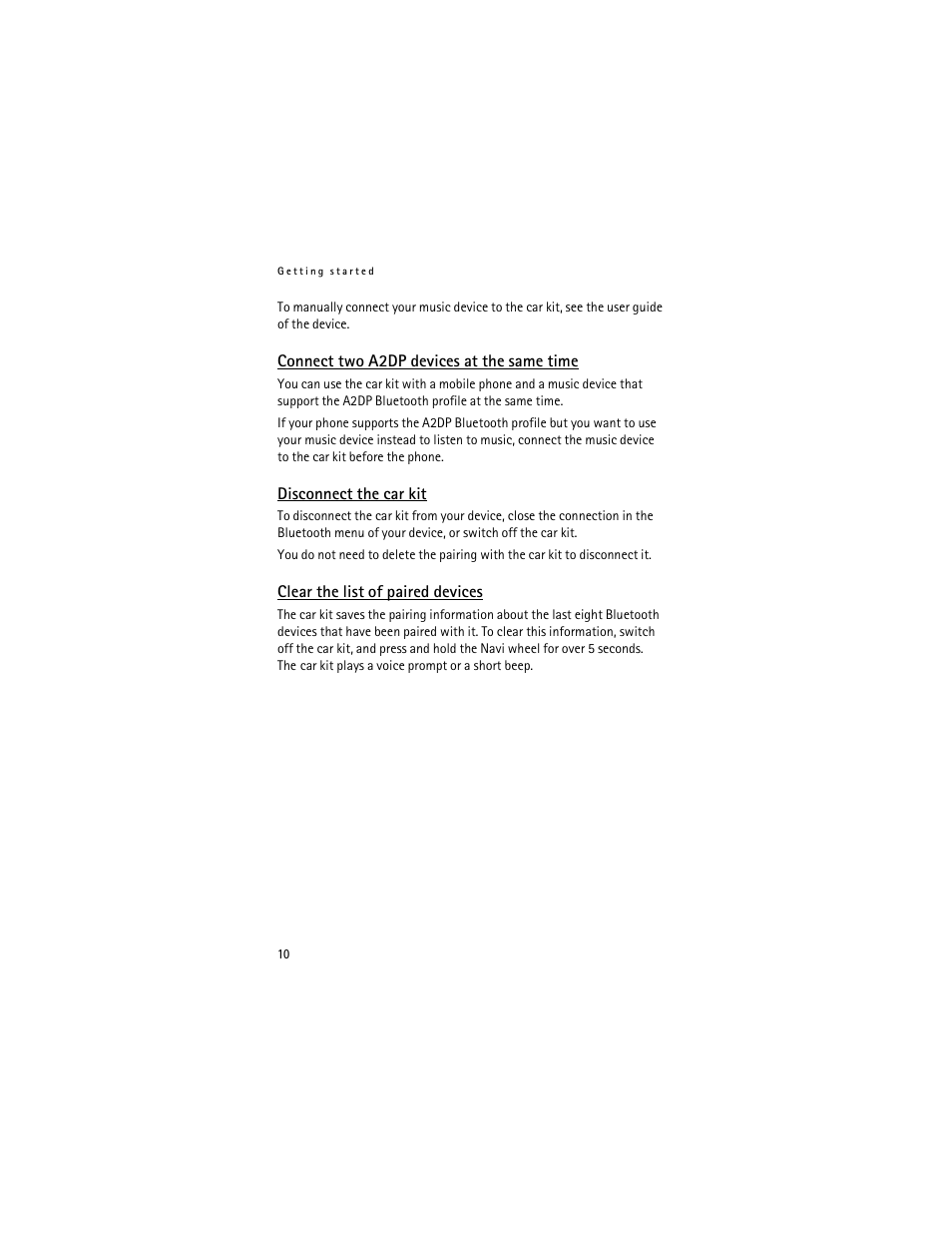 Connect two a2dp devices at the same time, Disconnect the car kit, Clear the list of paired devices | Nokia Car Kit CK-100 User Manual | Page 10 / 29
