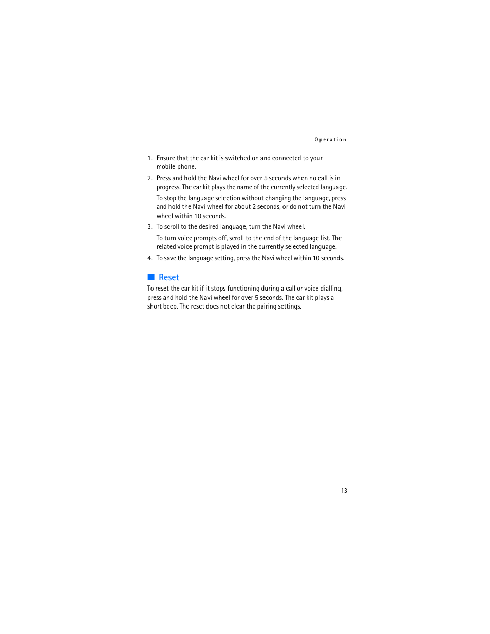 Reset | Nokia Car Kit CK-100 User Manual | Page 13 / 29
