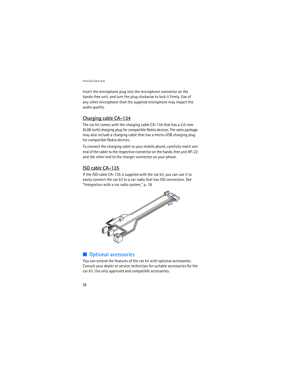 Charging cable ca-134, Iso cable ca-135, Optional accessories | Charging cable ca-134 iso cable ca-135 | Nokia Car Kit CK-100 User Manual | Page 26 / 29