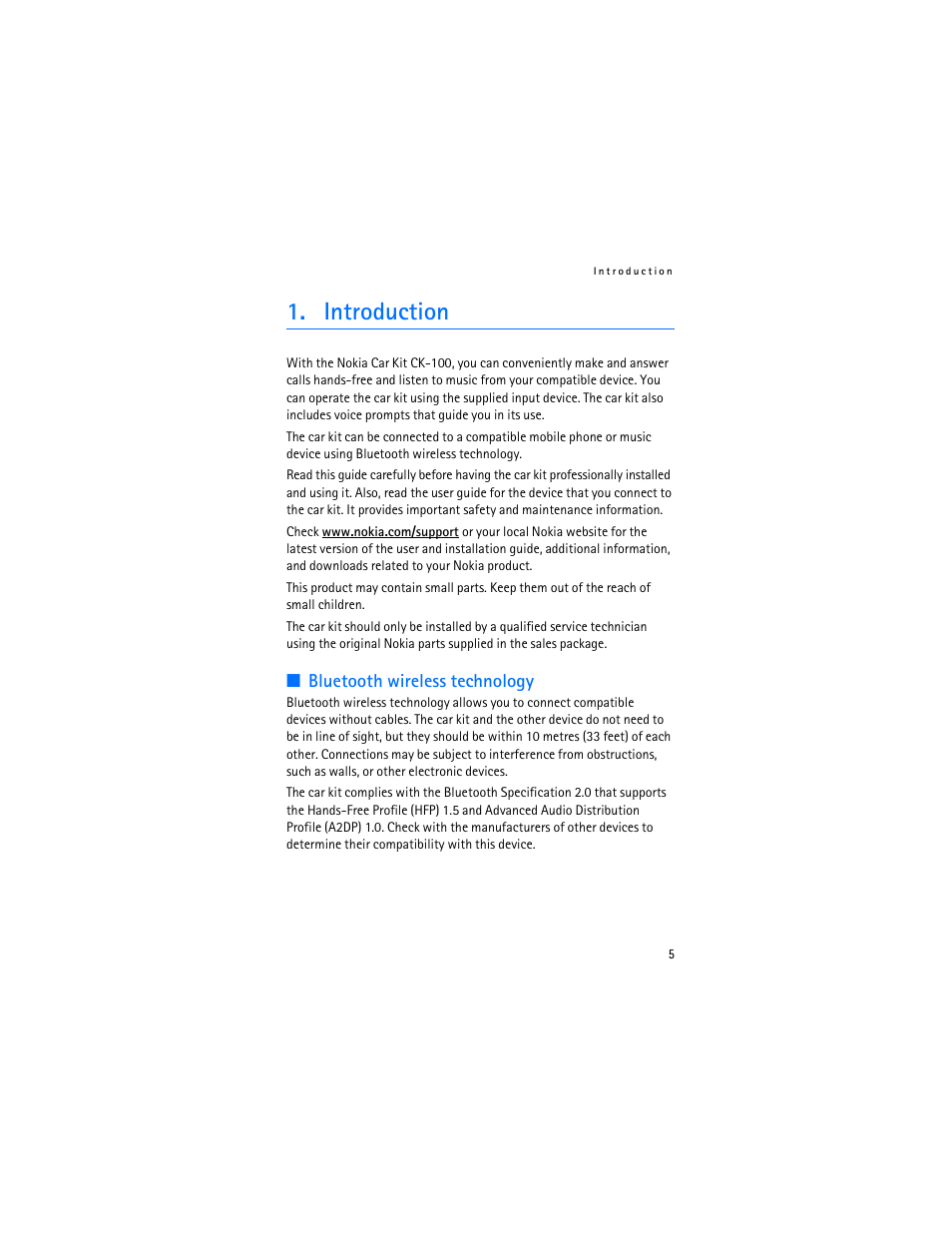 Introduction, Bluetooth wireless technology | Nokia Car Kit CK-100 User Manual | Page 5 / 29