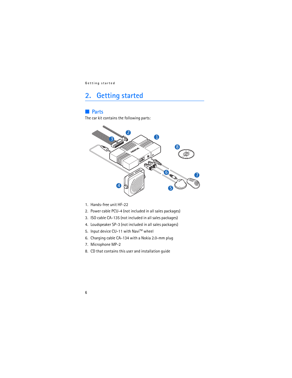 Getting started, Parts | Nokia Car Kit CK-100 User Manual | Page 6 / 29