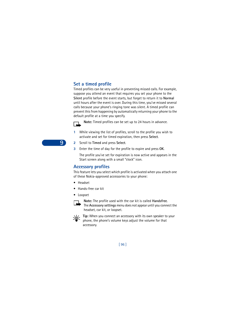 Set a timed profile, 2 scroll to timed and press select, Accessory profiles | Nokia 6590 User Manual | Page 105 / 218