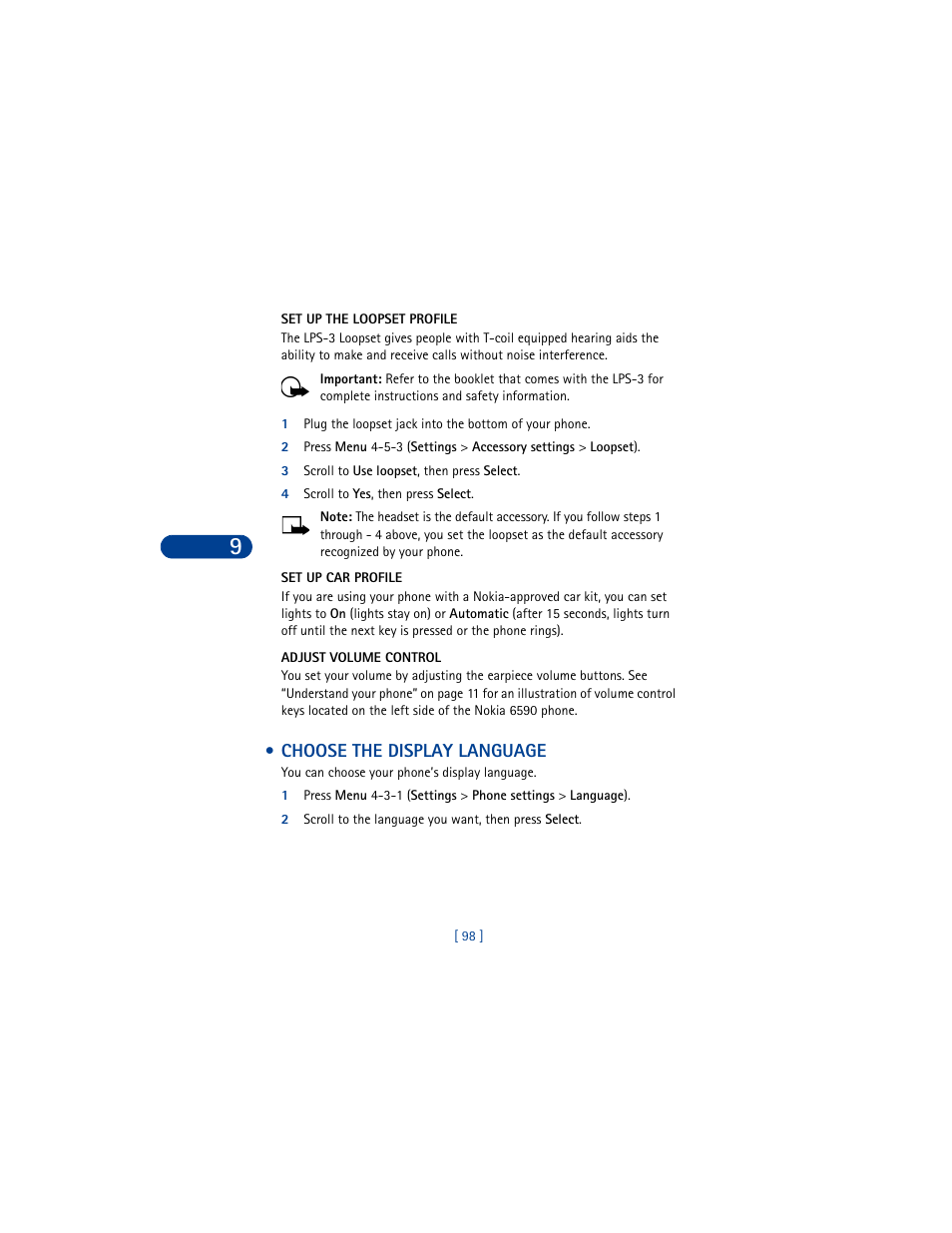Set up the loopset profile, 3 scroll to use loopset, then press select, 4 scroll to yes, then press select | Set up car profile, Adjust volume control, Choose the display language | Nokia 6590 User Manual | Page 107 / 218