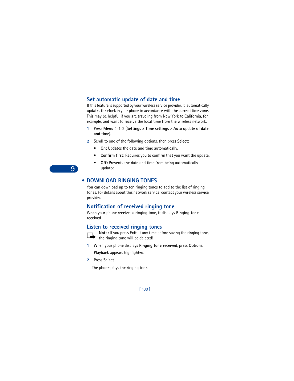 Set automatic update of date and time, Download ringing tones, Notification of received ringing tone | Listen to received ringing tones, 2 press select | Nokia 6590 User Manual | Page 109 / 218