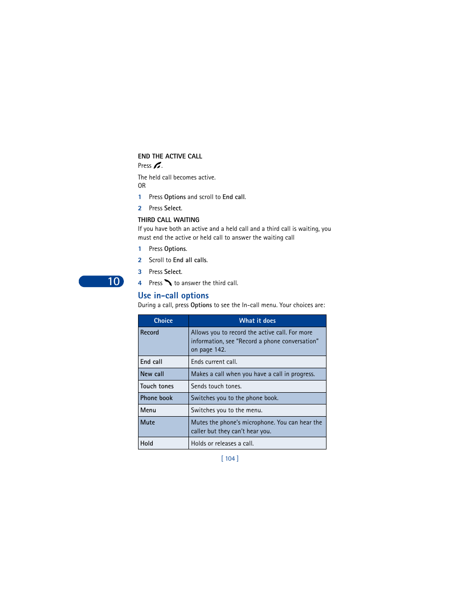 End the active call, 1 press options and scroll to end call, 2 press select | Third call waiting, 1 press options, 2 scroll to end all calls, 3 press select, 4 press to answer the third call, Use in-call options | Nokia 6590 User Manual | Page 113 / 218