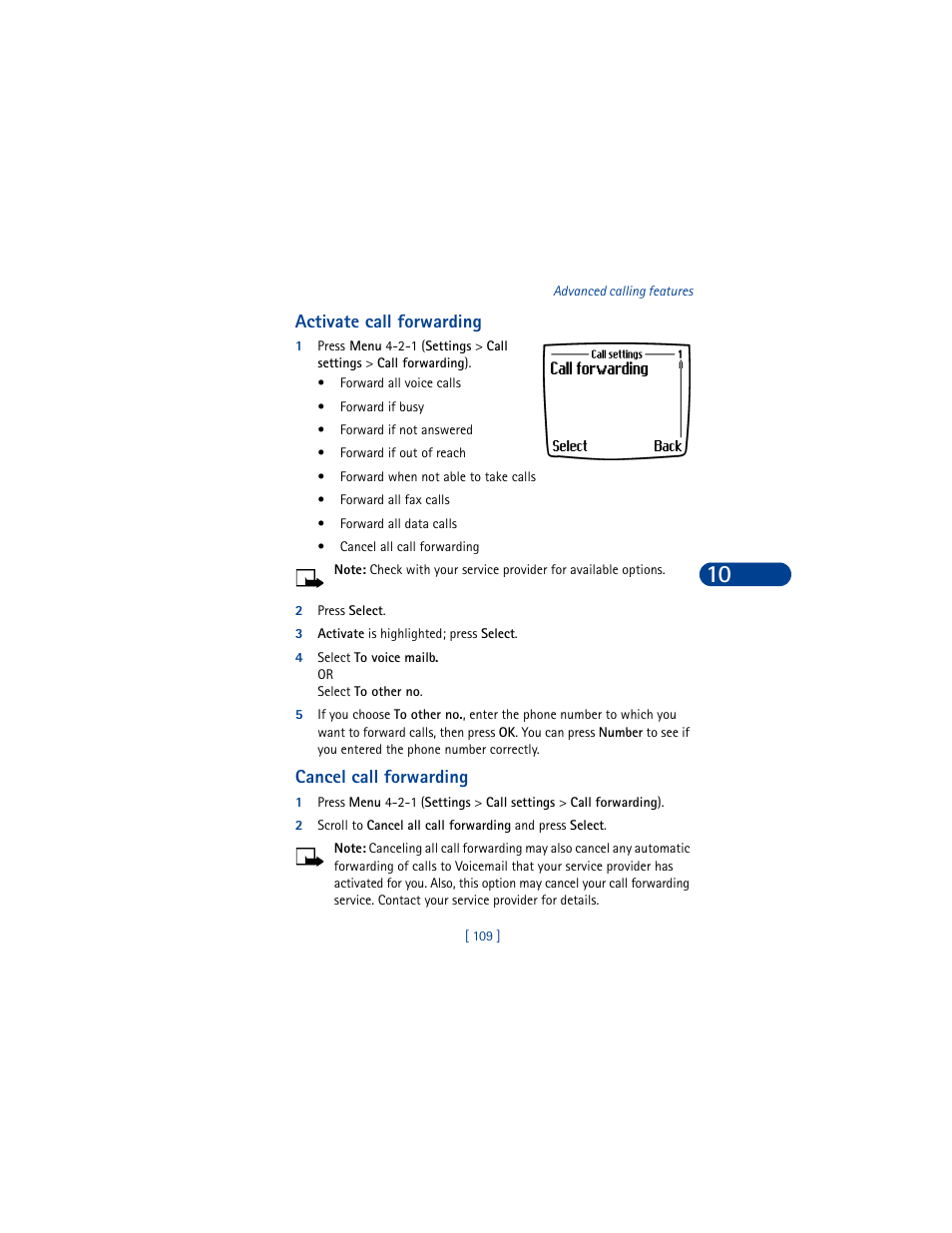 Activate call forwarding, 2 press select, 3 activate is highlighted; press select | 4 select to voice mailb. or select to other no, Cancel call forwarding | Nokia 6590 User Manual | Page 118 / 218