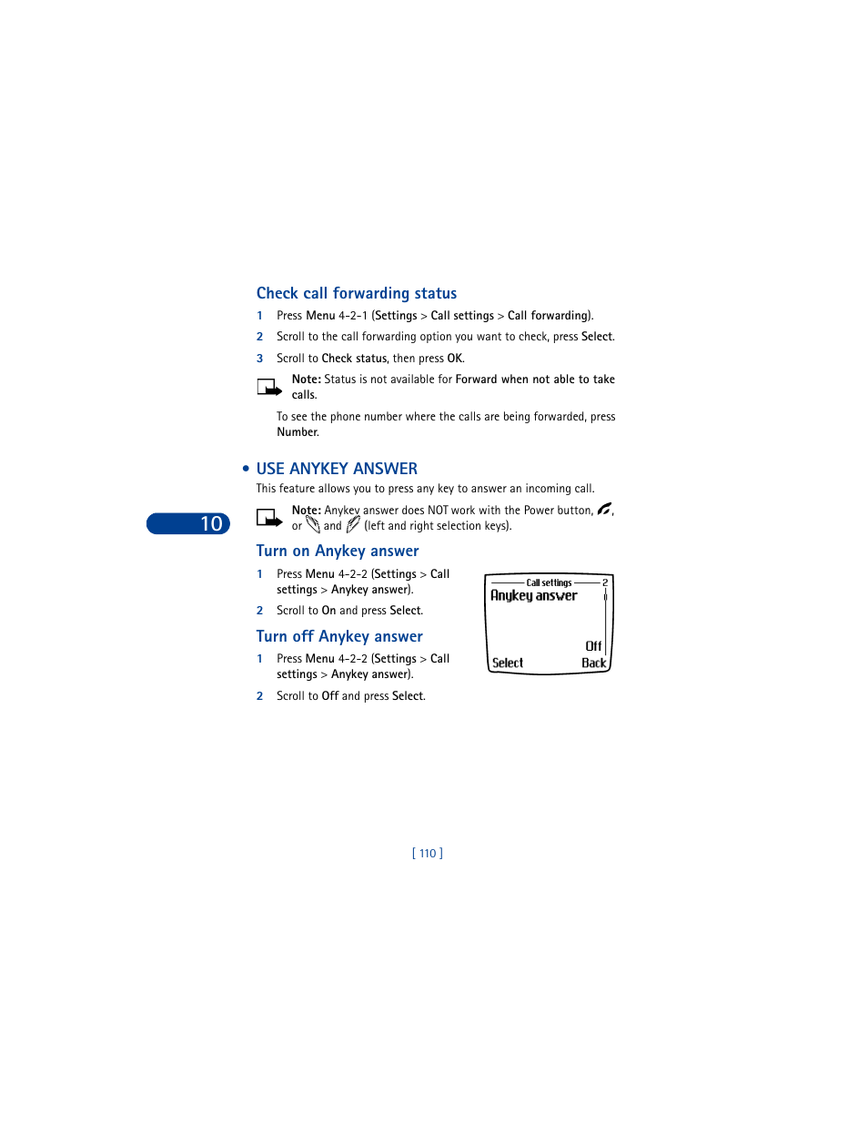 Check call forwarding status, 3 scroll to check status, then press ok, Use anykey answer | Turn on anykey answer, 2 scroll to on and press select, Turn off anykey answer, 2 scroll to off and press select | Nokia 6590 User Manual | Page 119 / 218