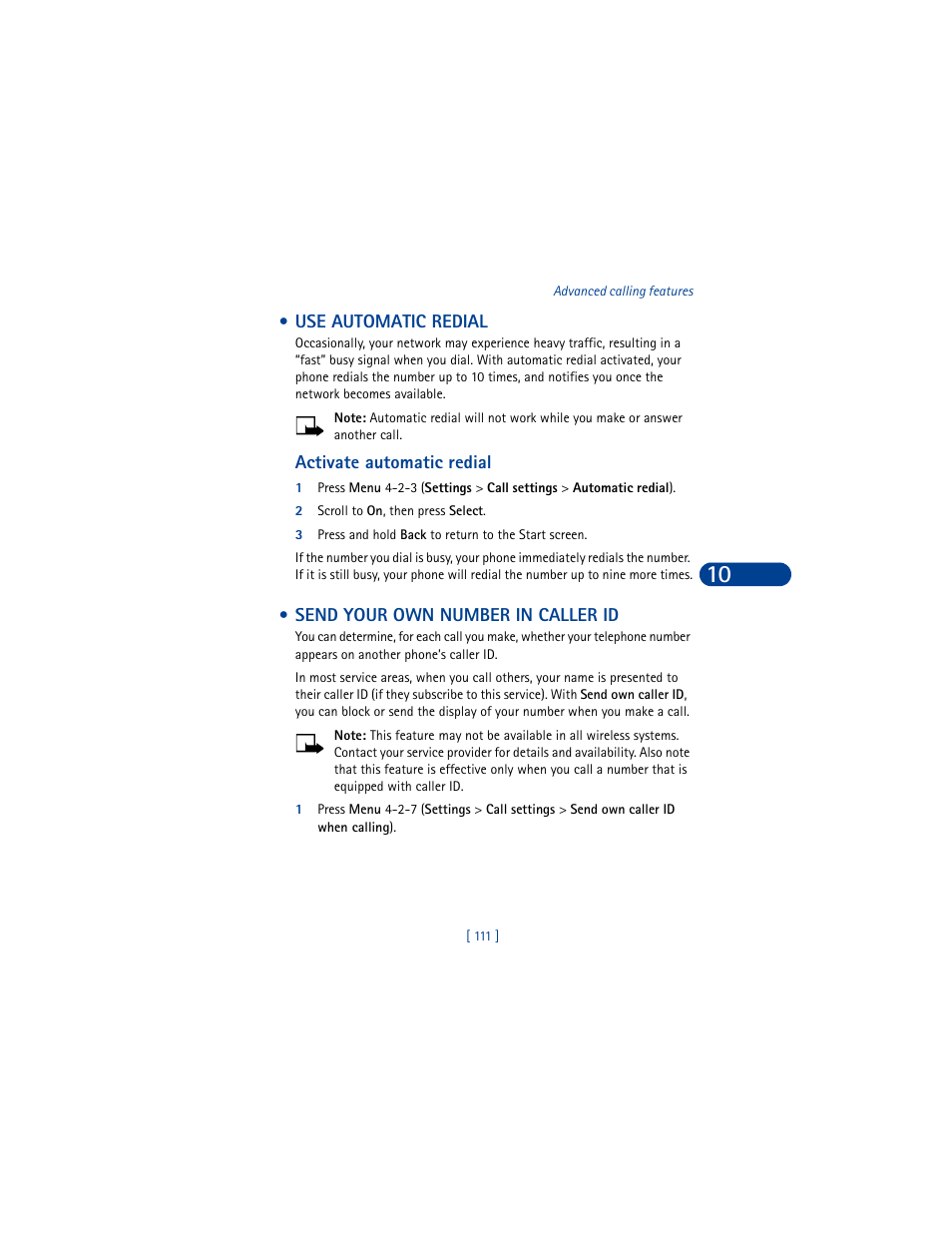 Use automatic redial, Activate automatic redial, 2 scroll to on, then press select | Send your own number in caller id | Nokia 6590 User Manual | Page 120 / 218