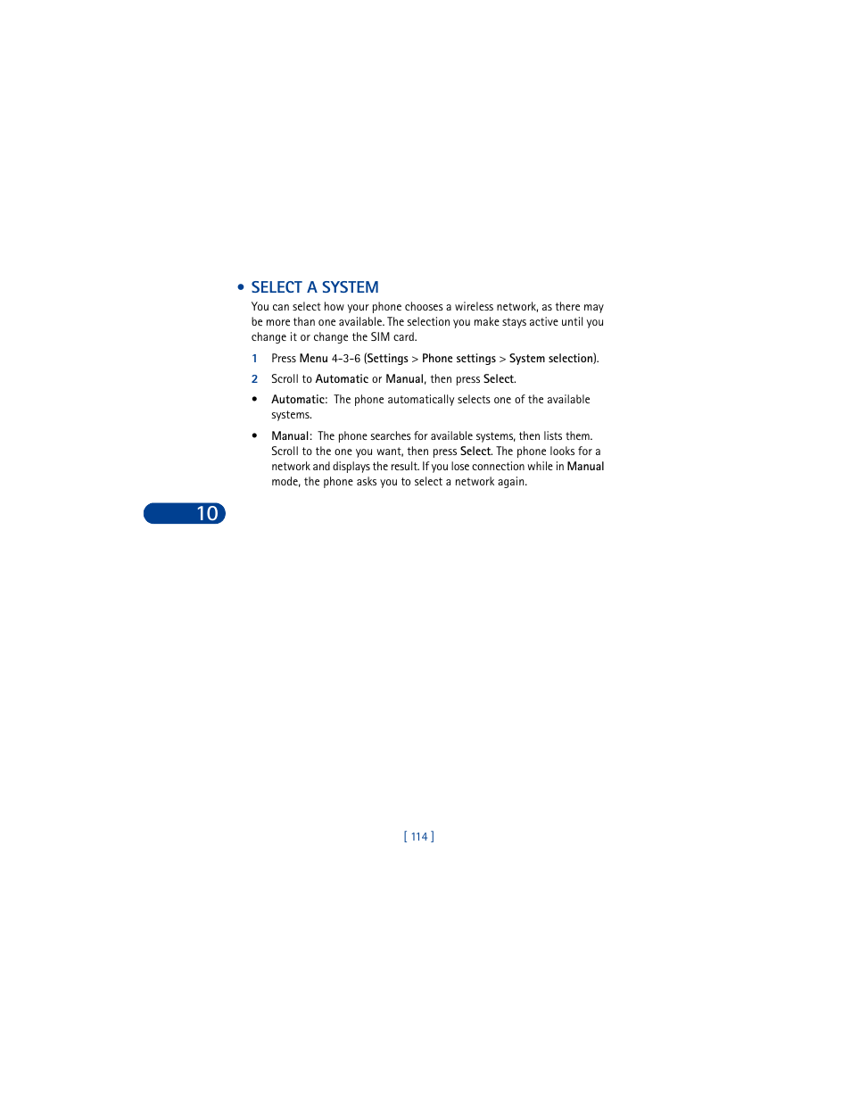 Select a system, 2 scroll to automatic or manual, then press select, Advanced features | Nokia 6590 User Manual | Page 123 / 218