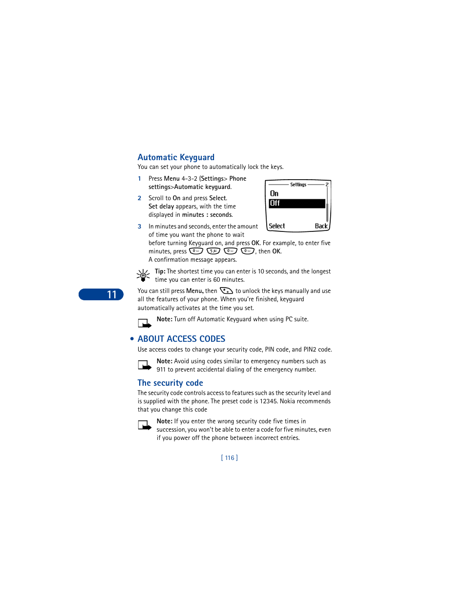 Automatic keyguard, About access codes, The security code | Nokia 6590 User Manual | Page 125 / 218