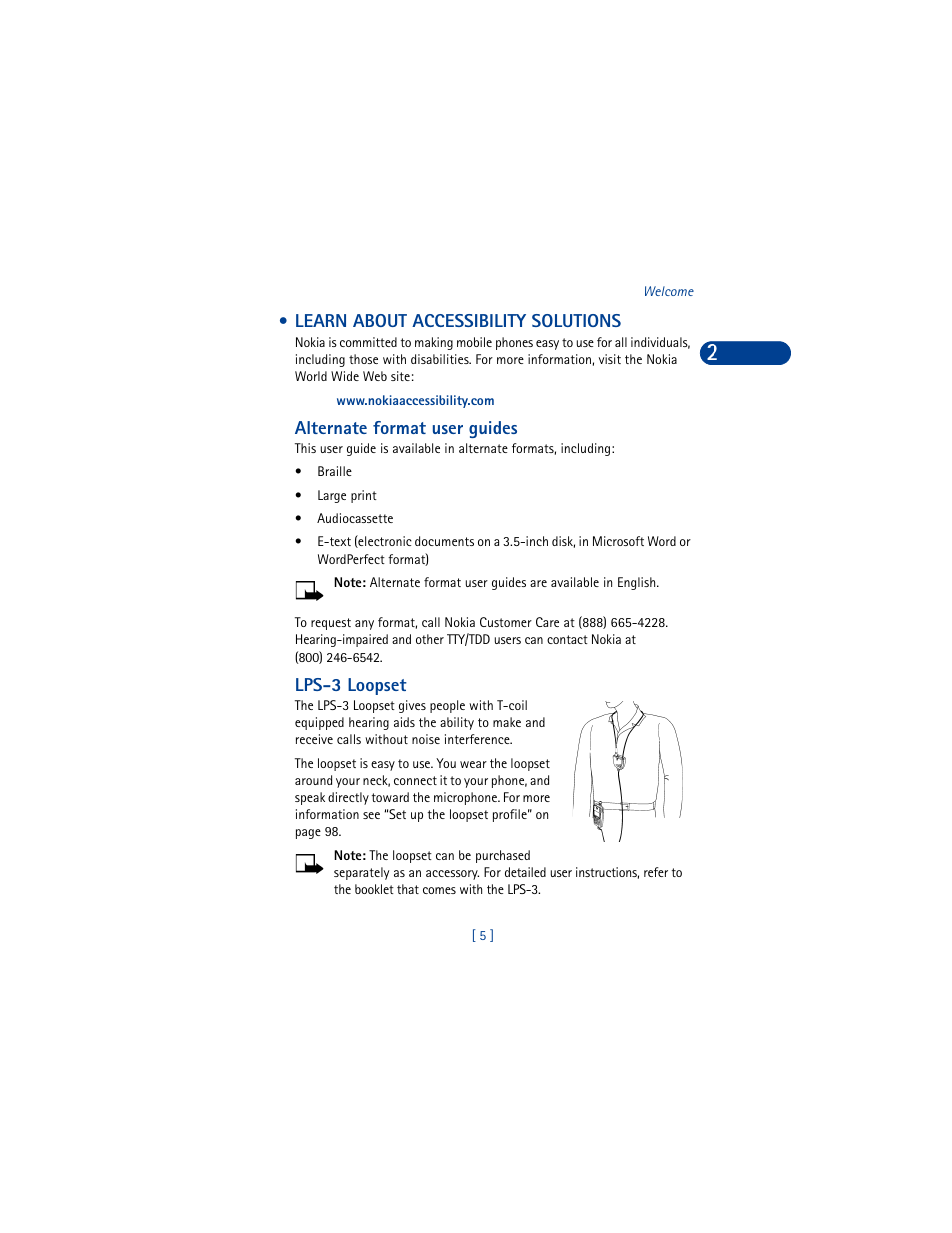 Learn about accessibility solutions, Alternate format user guides, Lps-3 loopset | Nokia 6590 User Manual | Page 14 / 218
