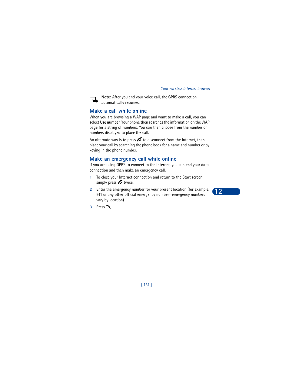 Make a call while online, Make an emergency call while online, 3 press | Nokia 6590 User Manual | Page 140 / 218