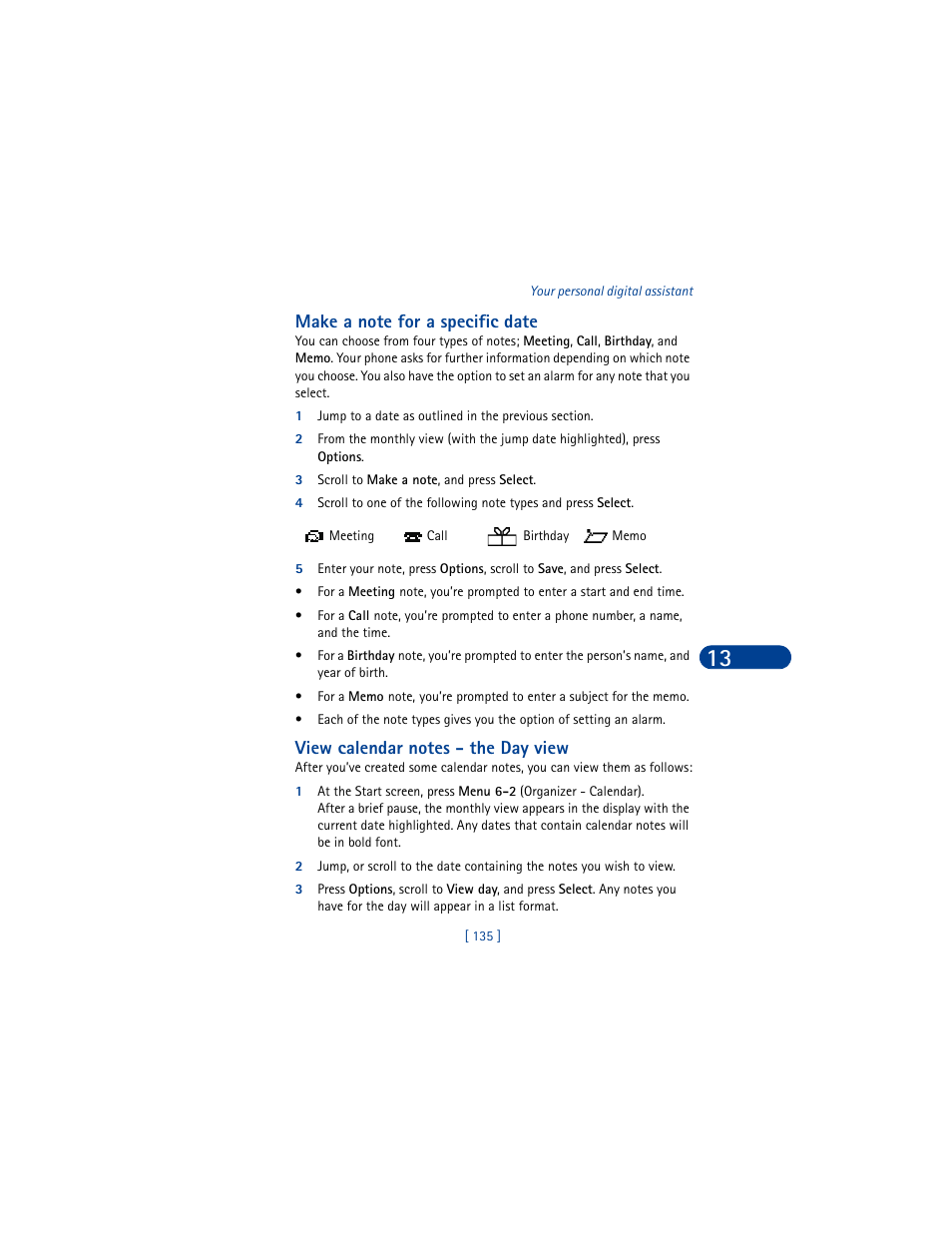 Make a note for a specific date, 3 scroll to make a note, and press select, View calendar notes - the day view | Nokia 6590 User Manual | Page 144 / 218