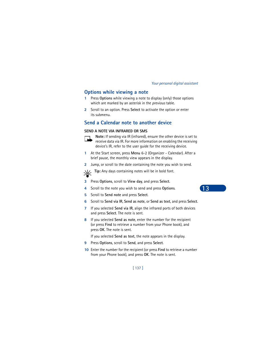 Options while viewing a note, Send a calendar note to another device, Send a note via infrared or sms | 5 scroll to send note and press select, 9 press options, scroll to send, and press select | Nokia 6590 User Manual | Page 146 / 218