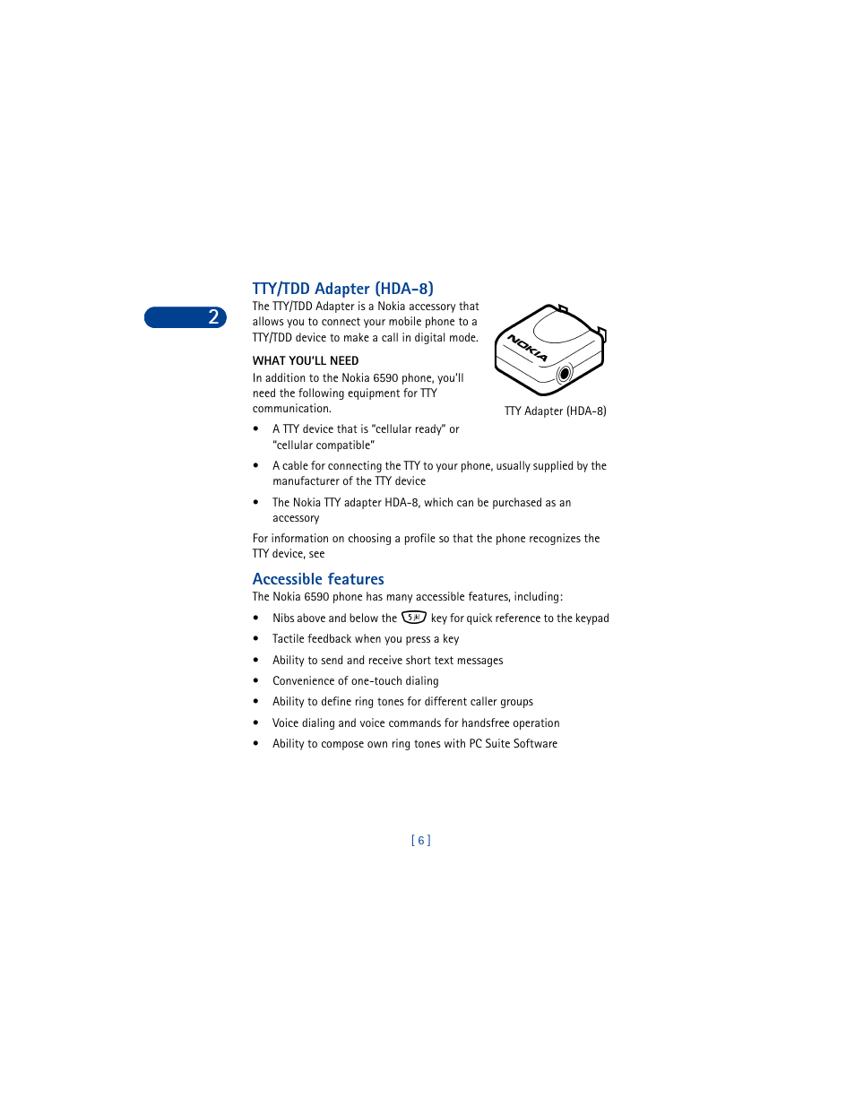 Tty/tdd adapter (hda-8), What you’ll need, Accessible features | Nokia 6590 User Manual | Page 15 / 218