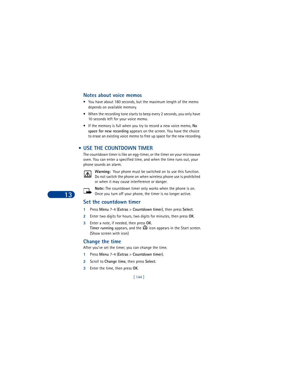 Notes about voice memos, Use the countdown timer, Set the countdown timer | Change the time, 1 press menu 7-4 (extras > countdown timer), 2 scroll to change time, then press select, 3 enter the time, then press ok | Nokia 6590 User Manual | Page 153 / 218