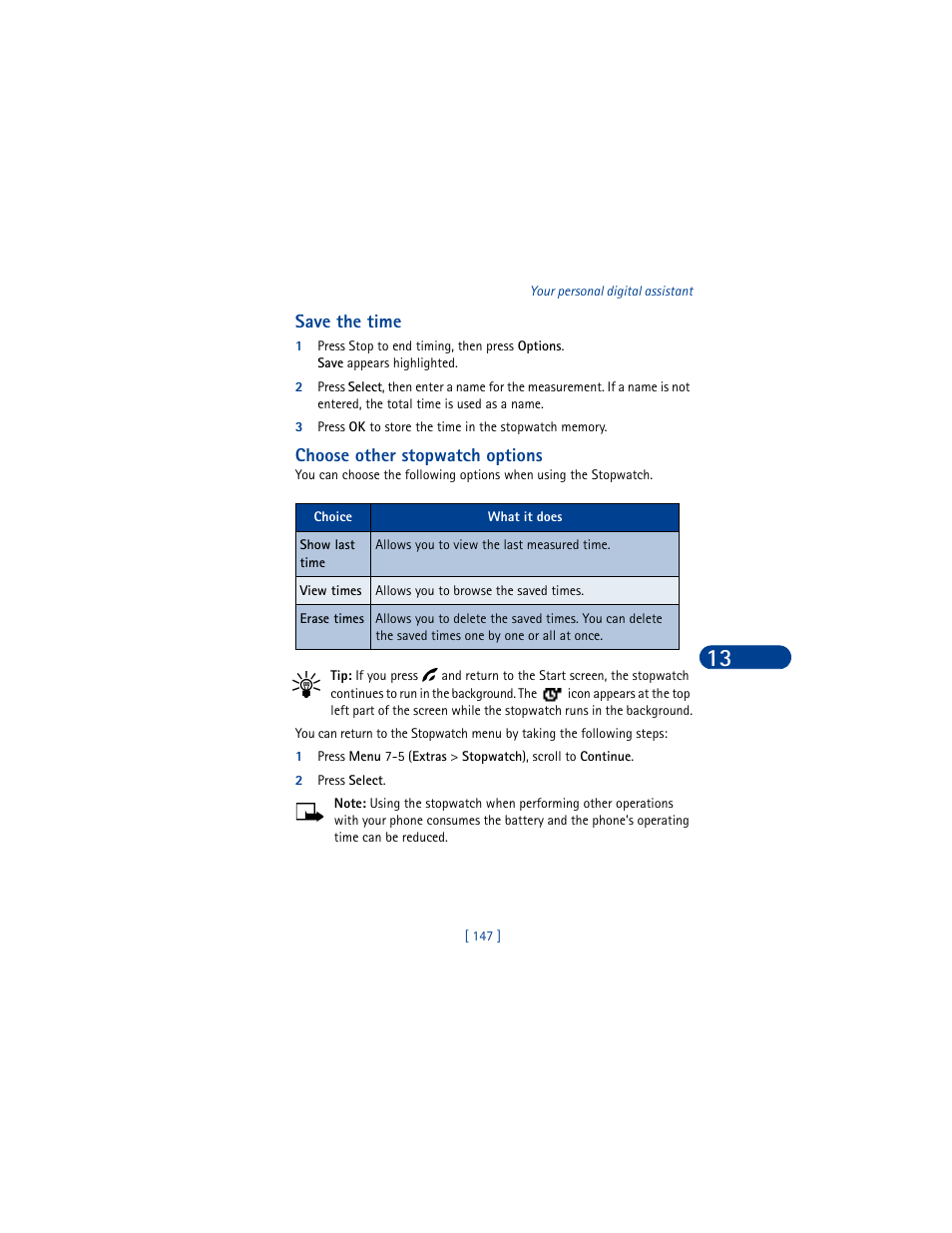 Save the time, Choose other stopwatch options, 2 press select | Nokia 6590 User Manual | Page 156 / 218