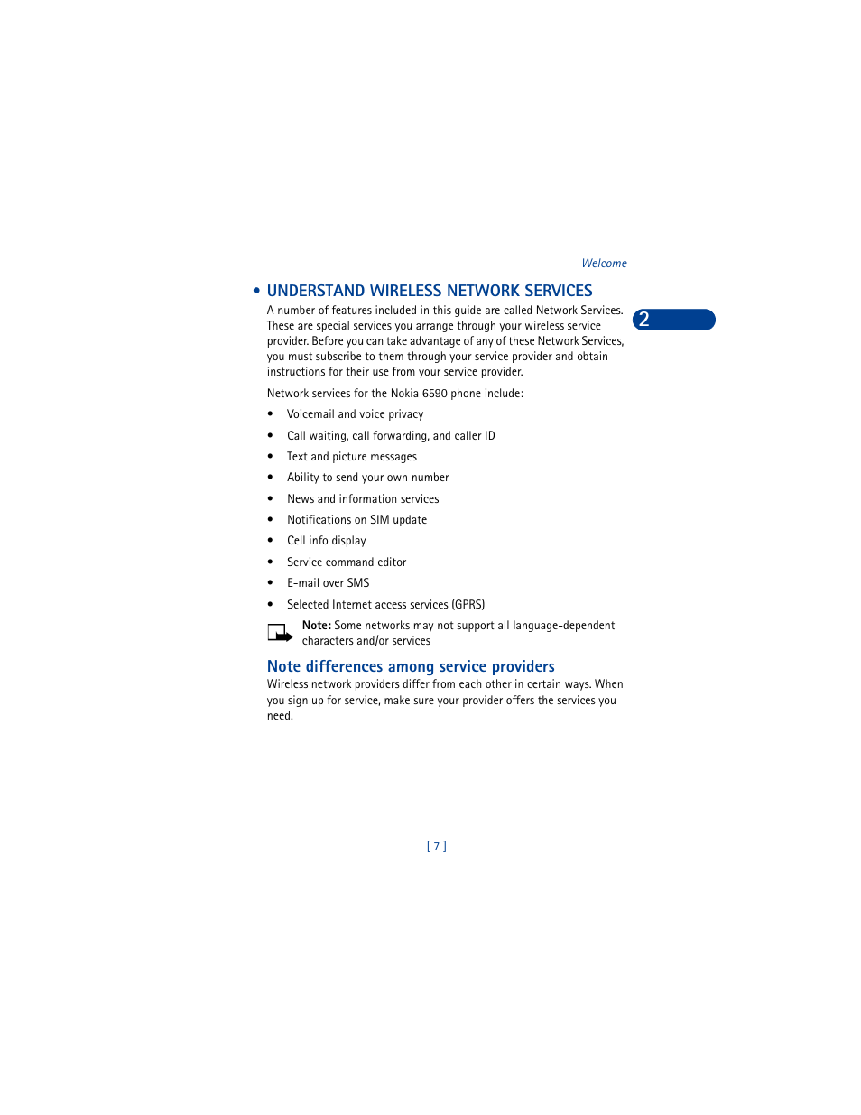 Understand wireless network services, Note differences among service providers | Nokia 6590 User Manual | Page 16 / 218