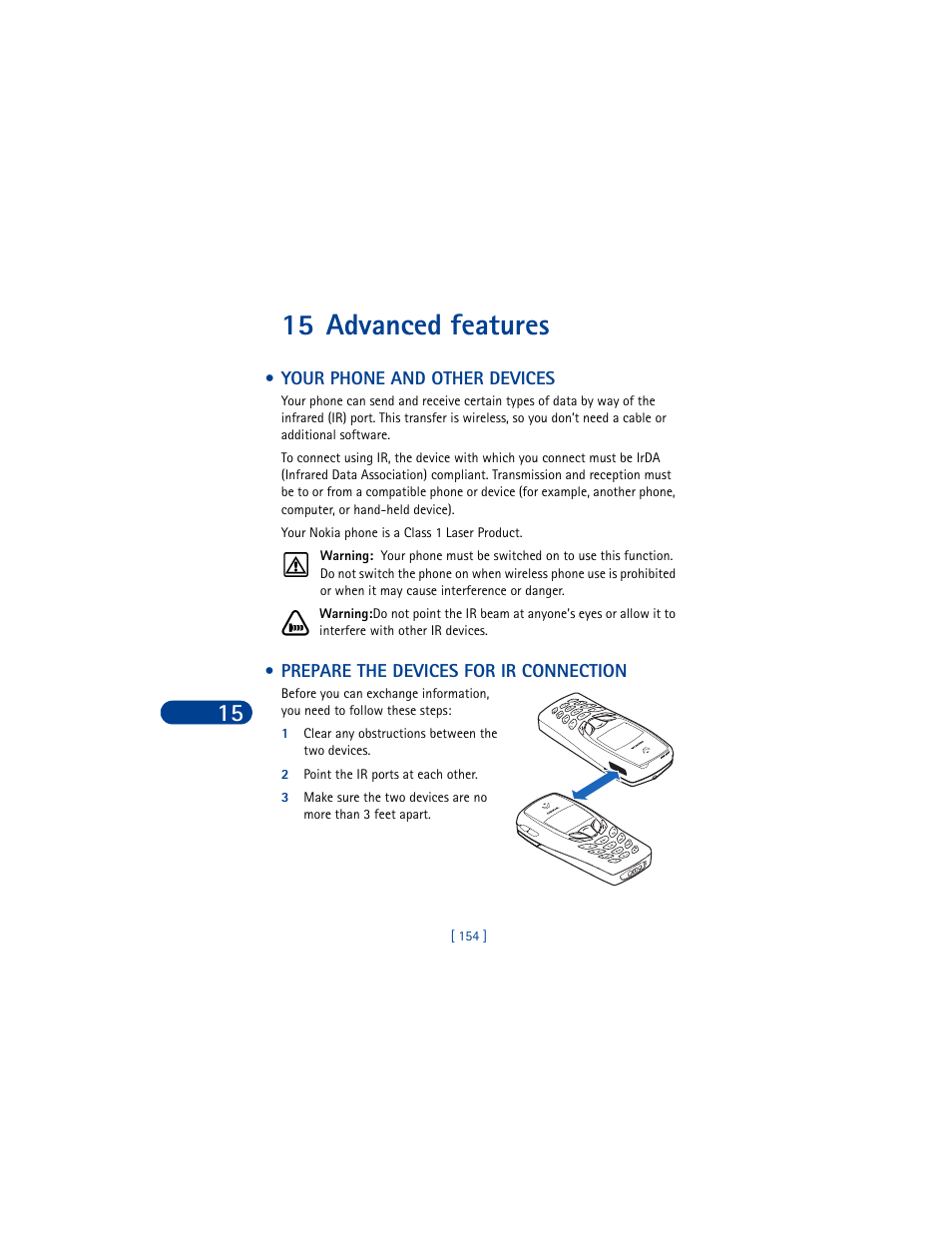 15 advanced features, Your phone and other devices, Prepare the devices for ir connection | 1 clear any obstructions between the two devices, 2 point the ir ports at each other | Nokia 6590 User Manual | Page 163 / 218