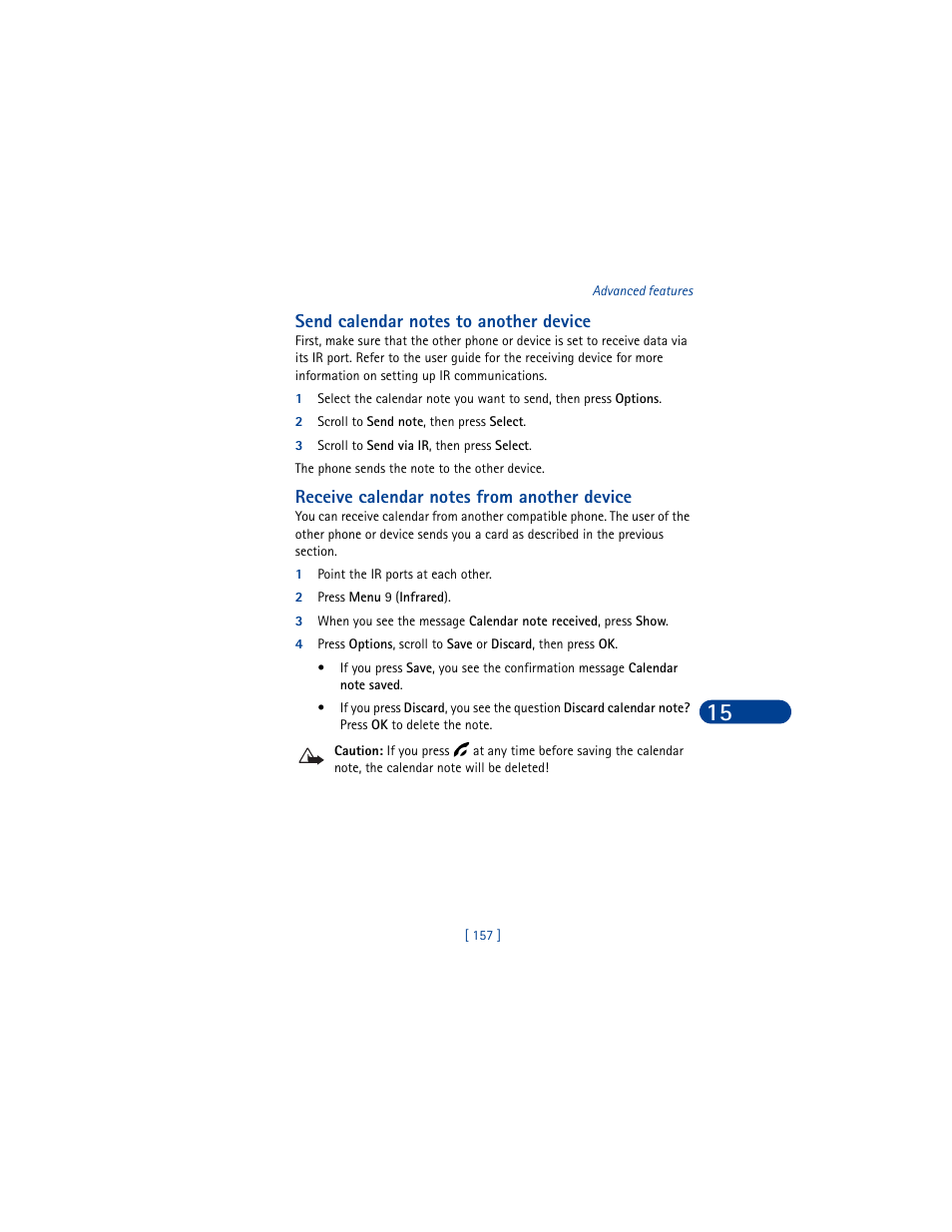 Send calendar notes to another device, 2 scroll to send note, then press select, 3 scroll to send via ir, then press select | Receive calendar notes from another device, 1 point the ir ports at each other, 2 press menu 9 (infrared) | Nokia 6590 User Manual | Page 166 / 218