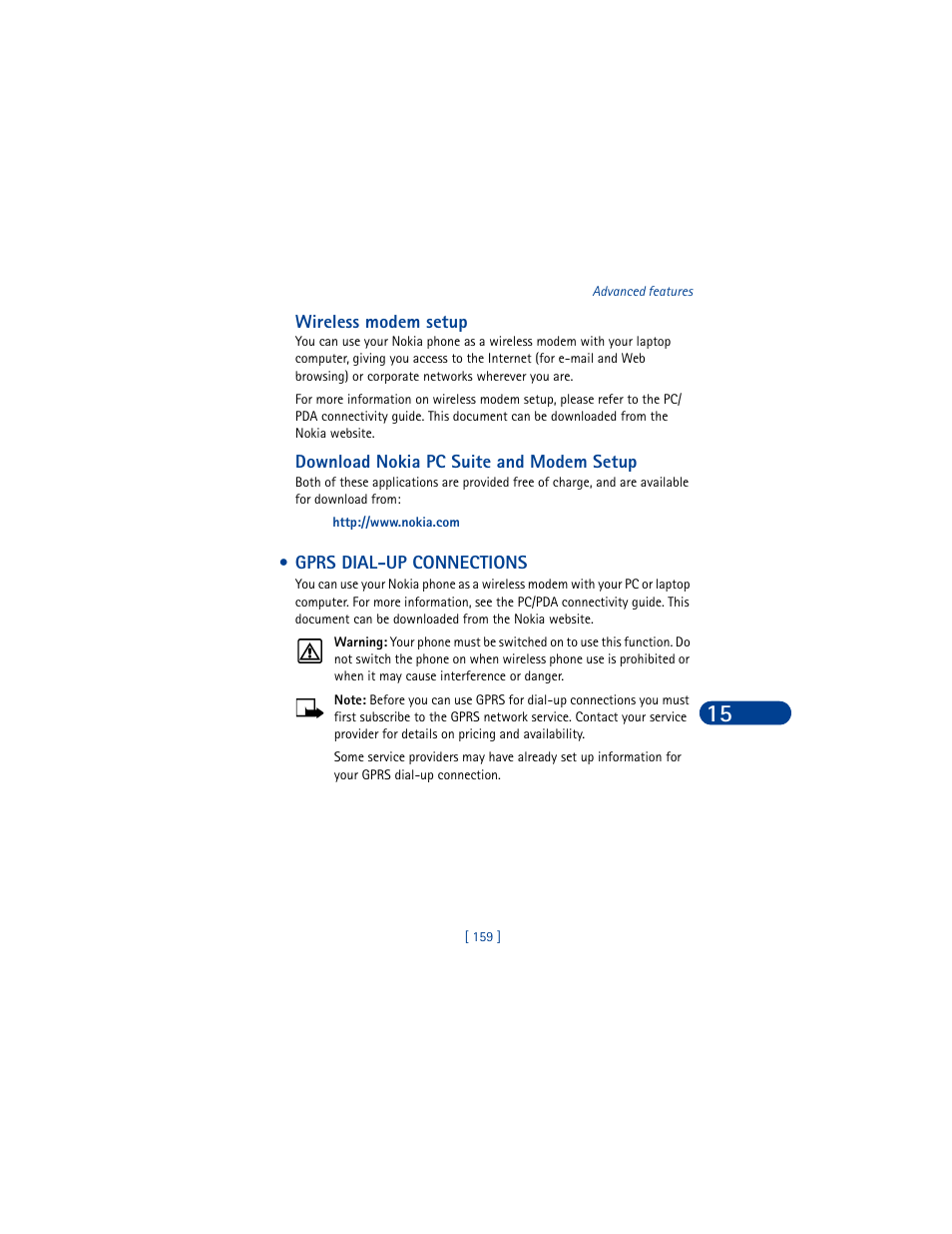 Wireless modem setup, Download nokia pc suite and modem setup, Gprs dial-up connections | Gprs dial-up | Nokia 6590 User Manual | Page 168 / 218