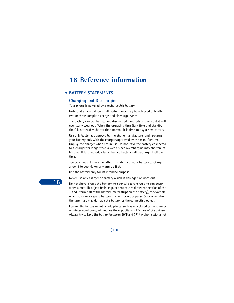 16 reference information, Battery statements, Charging and discharging | Reference information | Nokia 6590 User Manual | Page 169 / 218