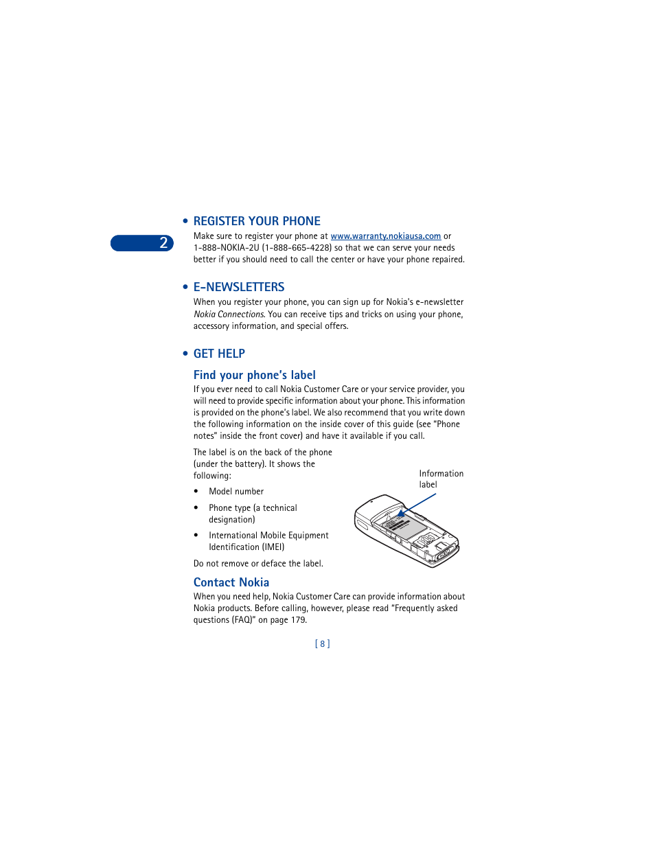 Register your phone, E-newsletters, Get help | Find your phone’s label, Contact nokia, Register your phone e-newsletters get help | Nokia 6590 User Manual | Page 17 / 218