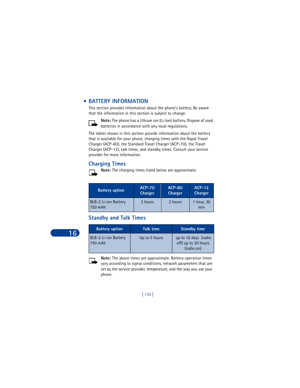 Battery information, Charging times, 3 hours | 2 hours, 1 hour, 30 min, Standby and talk times, Up to 5 hours | Nokia 6590 User Manual | Page 179 / 218