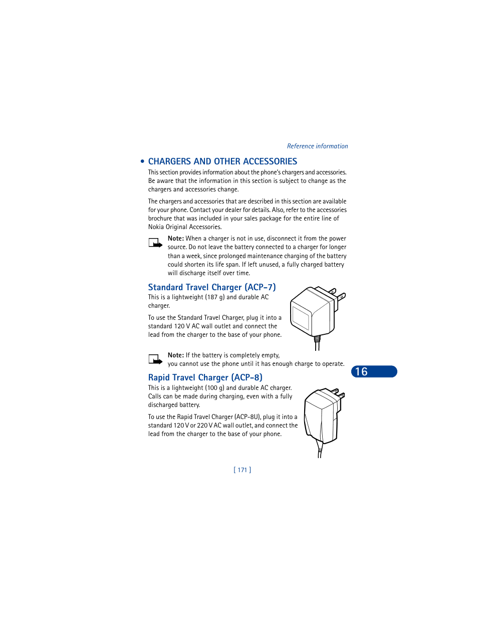 Chargers and other accessories, Standard travel charger (acp7), Rapid travel charger (acp-8) | Nokia 6590 User Manual | Page 180 / 218