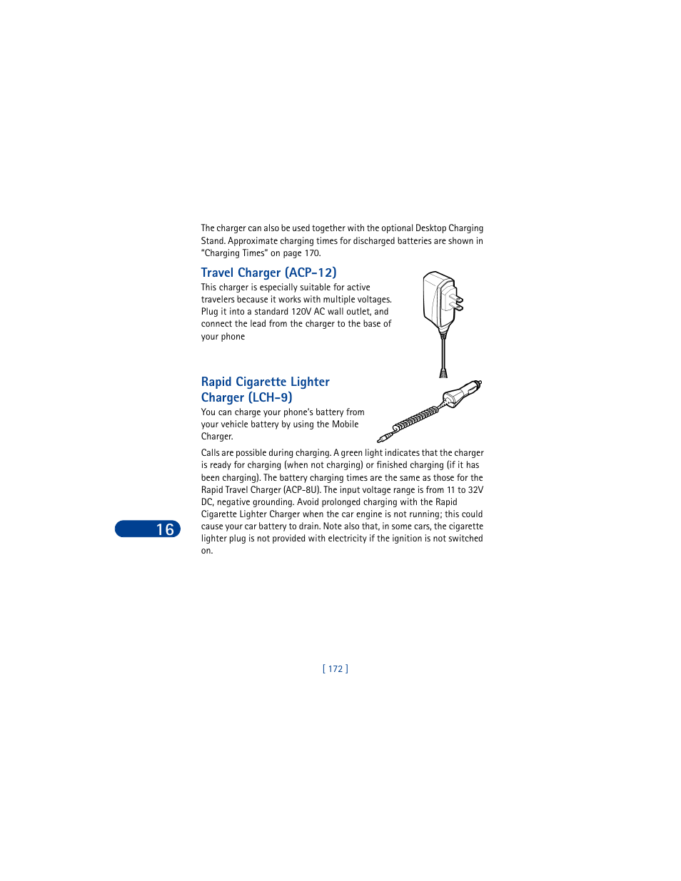 Travel charger (acp-12), Rapid cigarette lighter charger (lch-9) | Nokia 6590 User Manual | Page 181 / 218