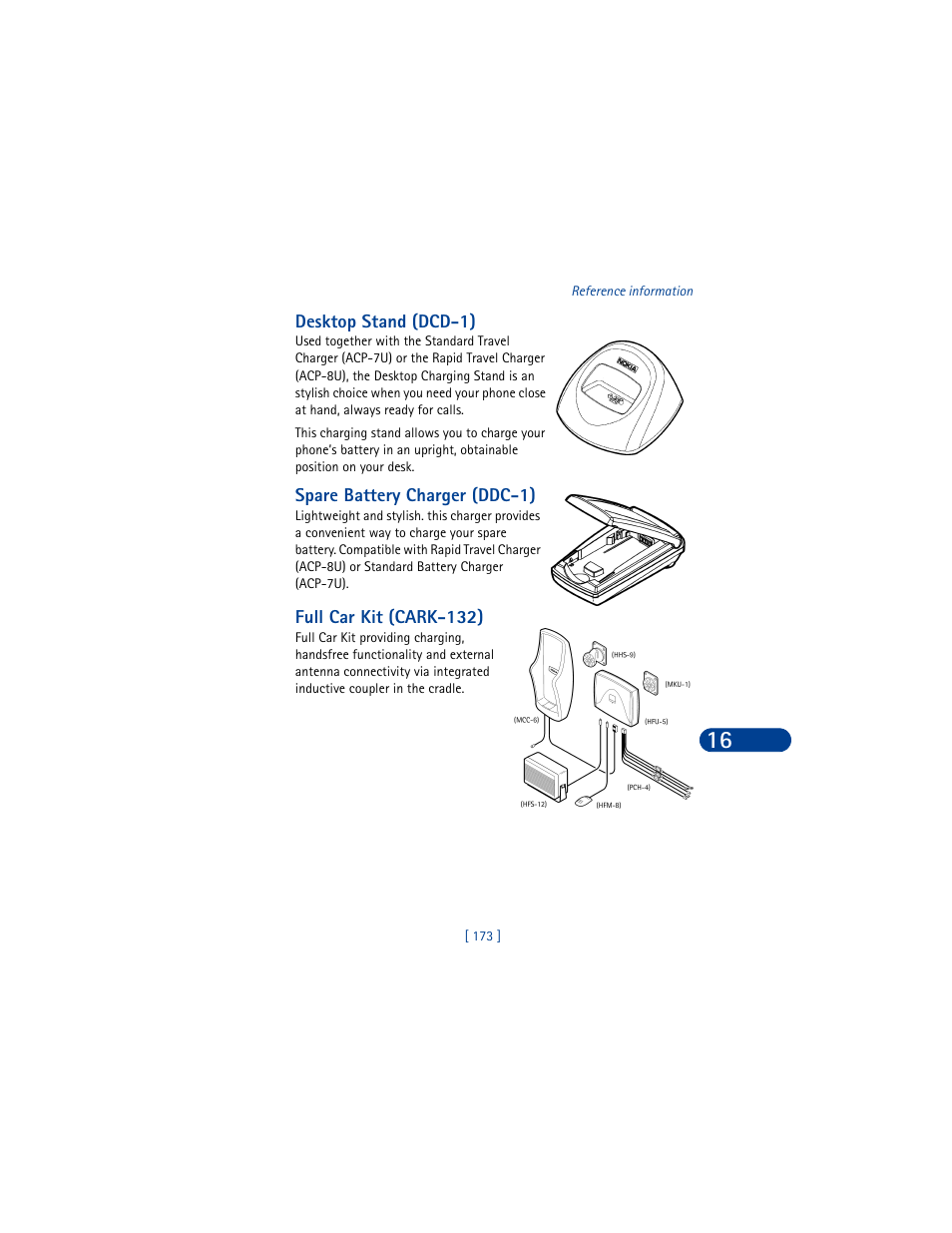 Desktop stand (dcd-1), Spare battery charger (ddc-1), Full car kit (cark-132) | Nokia 6590 User Manual | Page 182 / 218