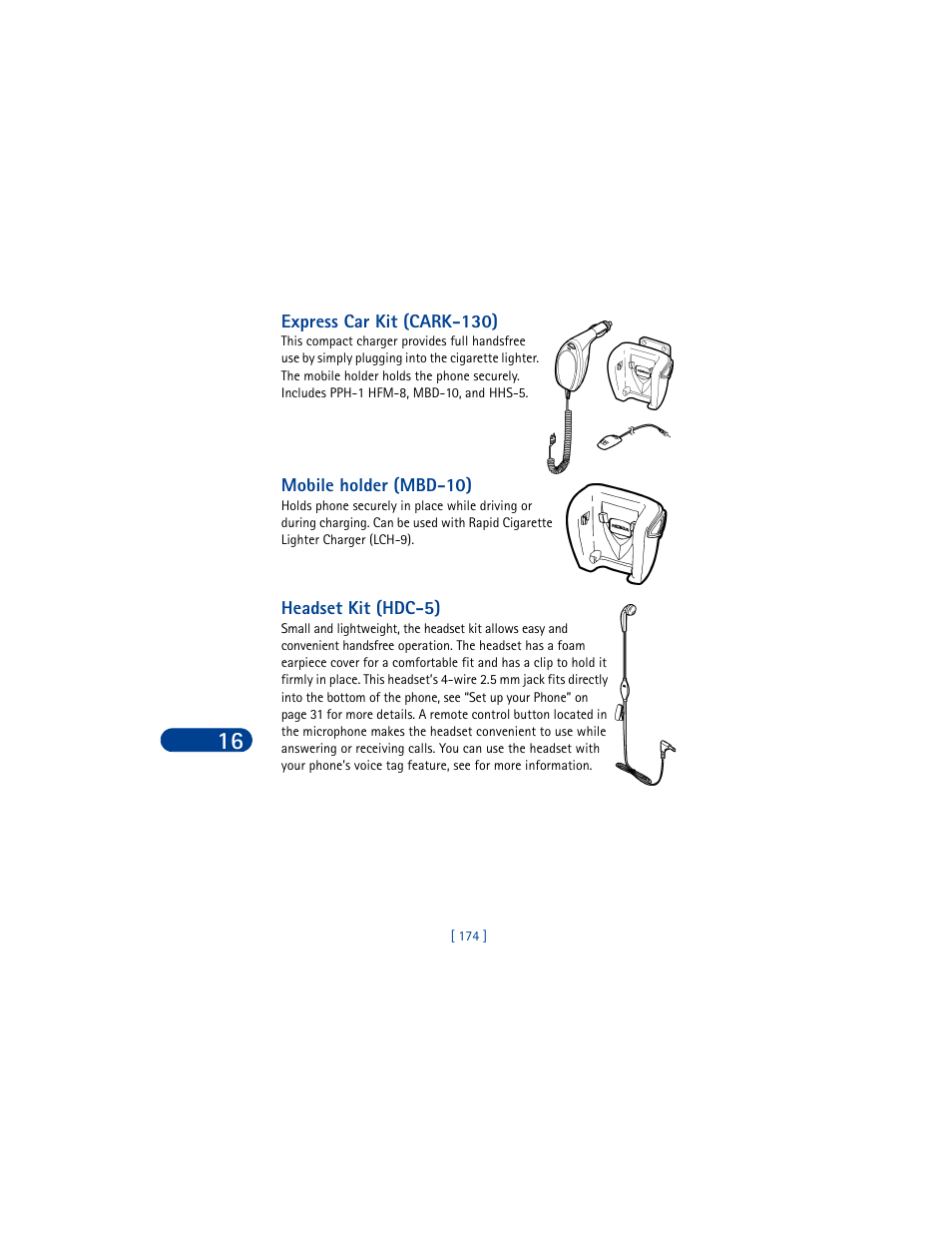 Express car kit (cark-130), Mobile holder (mbd-10), Headset kit (hdc-5) | Nokia 6590 User Manual | Page 183 / 218