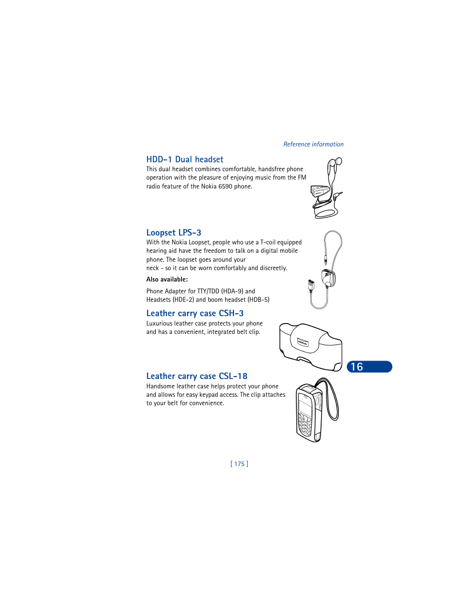 Hdd-1 dual headset, Loopset lps-3, Leather carry case csh-3 | Leather carry case csl-18 | Nokia 6590 User Manual | Page 184 / 218