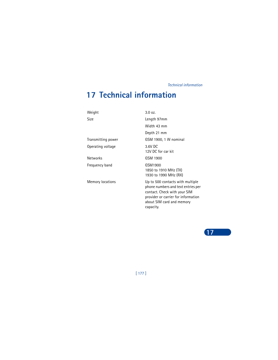 17 technical information, Technical information | Nokia 6590 User Manual | Page 186 / 218