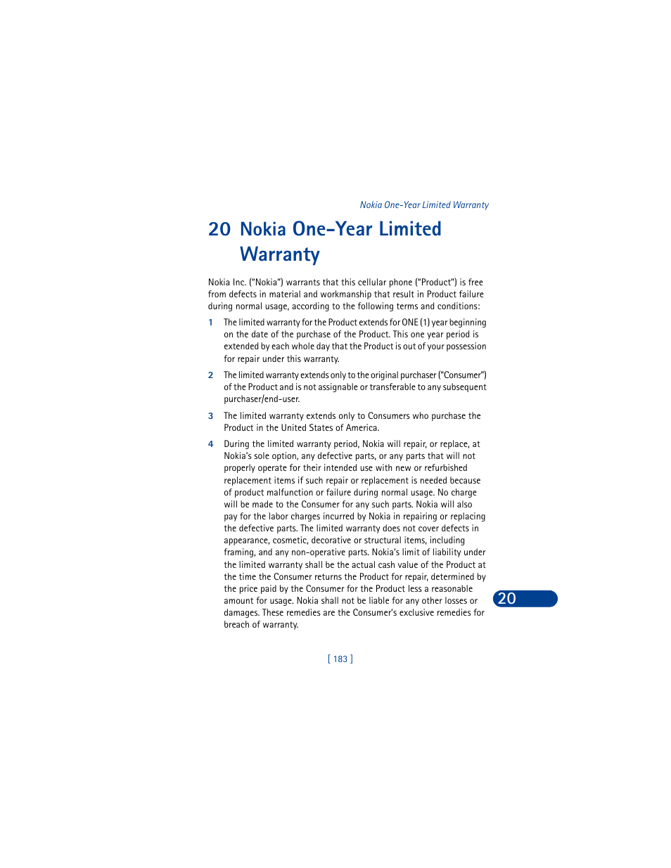 20 nokia one-year limited warranty, Nokia one-year limited warranty, One-year limited warranty | Nokia | Nokia 6590 User Manual | Page 192 / 218