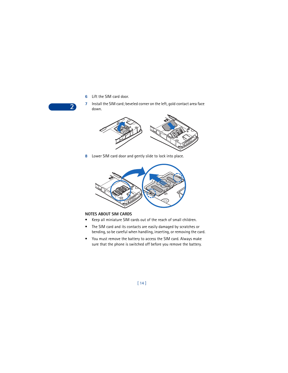 6 lift the sim card door, Notes about sim cards | Nokia 6590 User Manual | Page 23 / 218