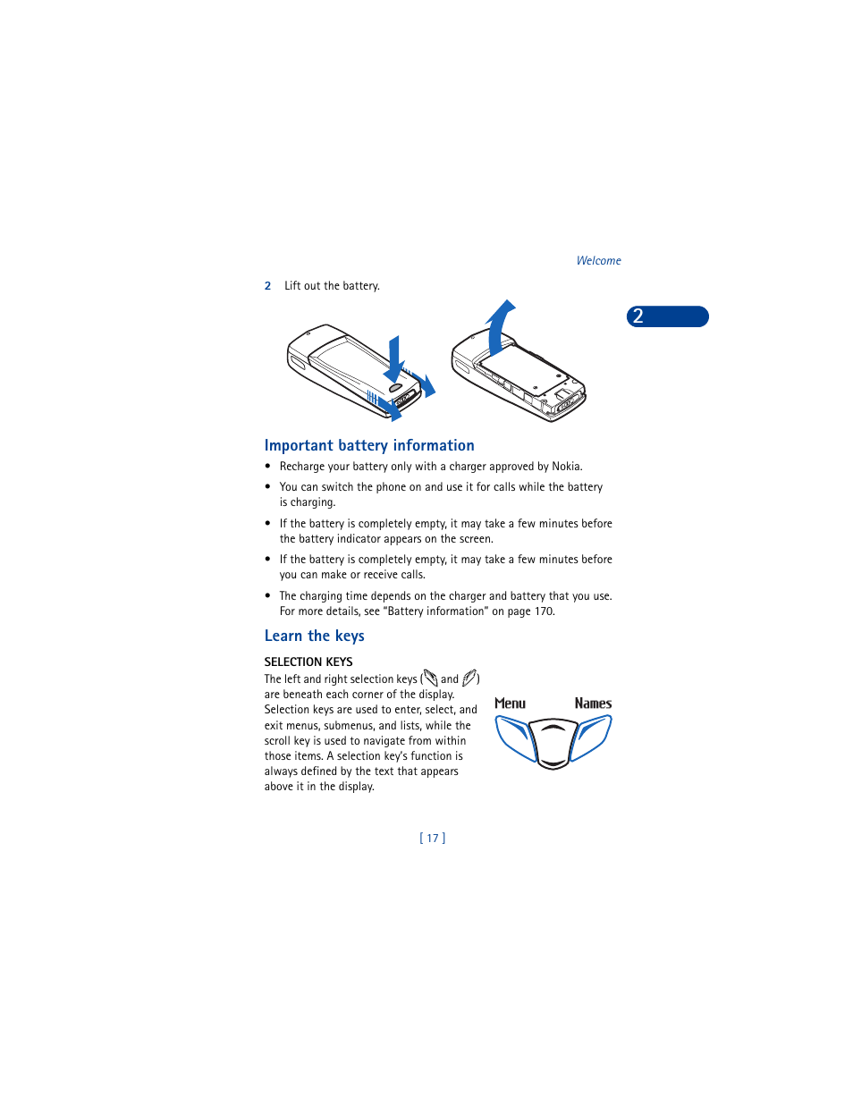 2 lift out the battery, Important battery information, Learn the keys | Selection keys | Nokia 6590 User Manual | Page 26 / 218