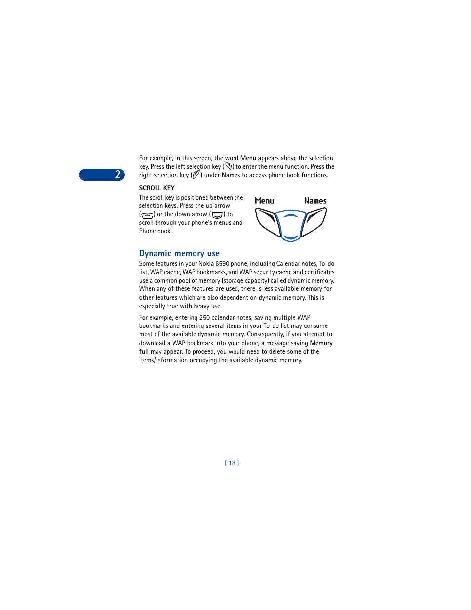 Scroll key, Dynamic memory use | Nokia 6590 User Manual | Page 27 / 218