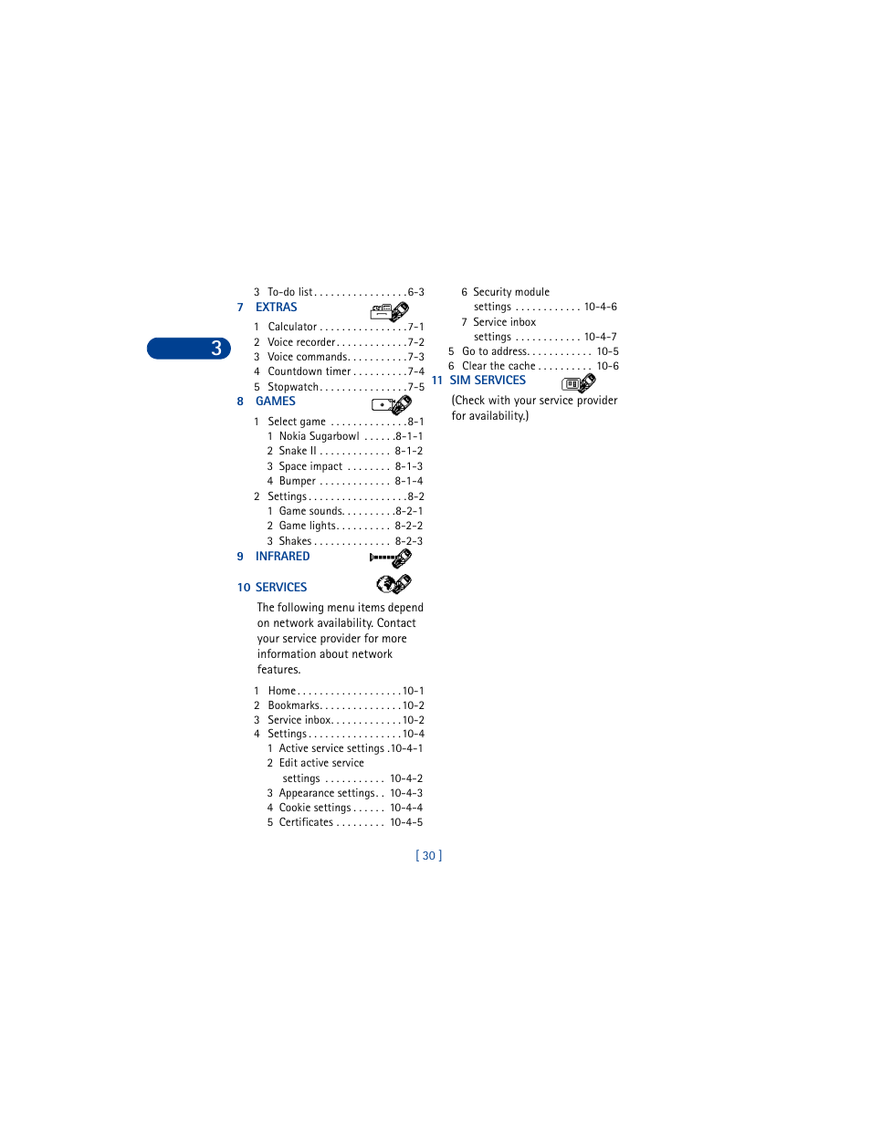 3 to-do list 6-3, 7 extras, 1 calculator 7-1 | 2 voice recorder 7-2, 3 voice commands 7-3, 4 countdown timer 7-4, 5 stopwatch 7-5, 8 games, 1 select game 8-1, 1 nokia sugarbowl 8-1-1 | Nokia 6590 User Manual | Page 39 / 218