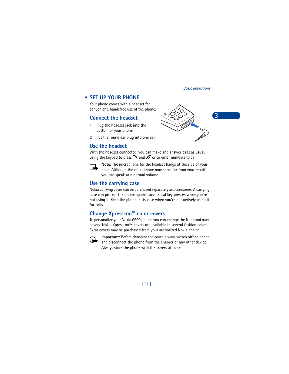 Set up your phone, Connect the headset, 2 put the round ear plug into one ear | Use the headset, Use the carrying case, Change xpress-on™ color covers | Nokia 6590 User Manual | Page 40 / 218