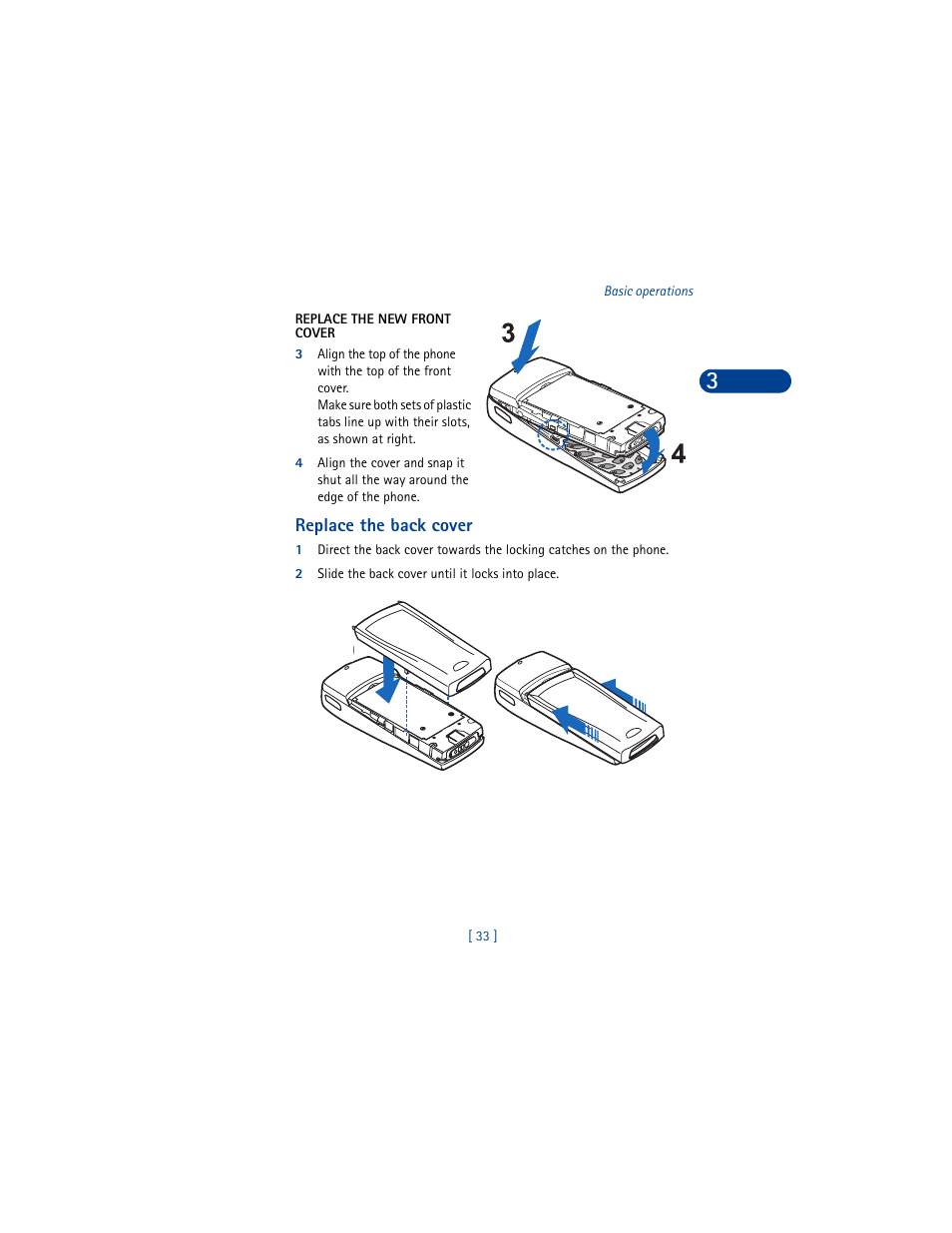 Replace the new front cover, Replace the back cover, 2 slide the back cover until it locks into place | Nokia 6590 User Manual | Page 42 / 218