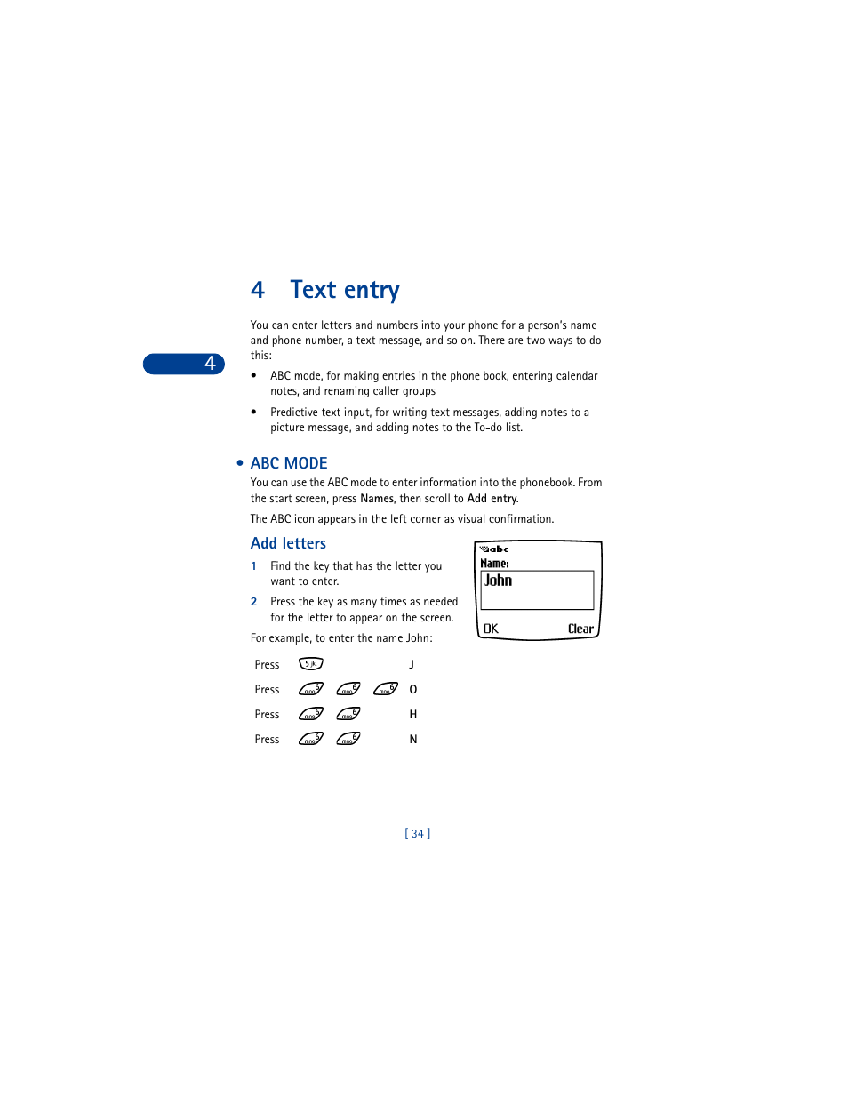 4 text entry, Abc mode, Add letters | Text entry, 4text entry | Nokia 6590 User Manual | Page 43 / 218