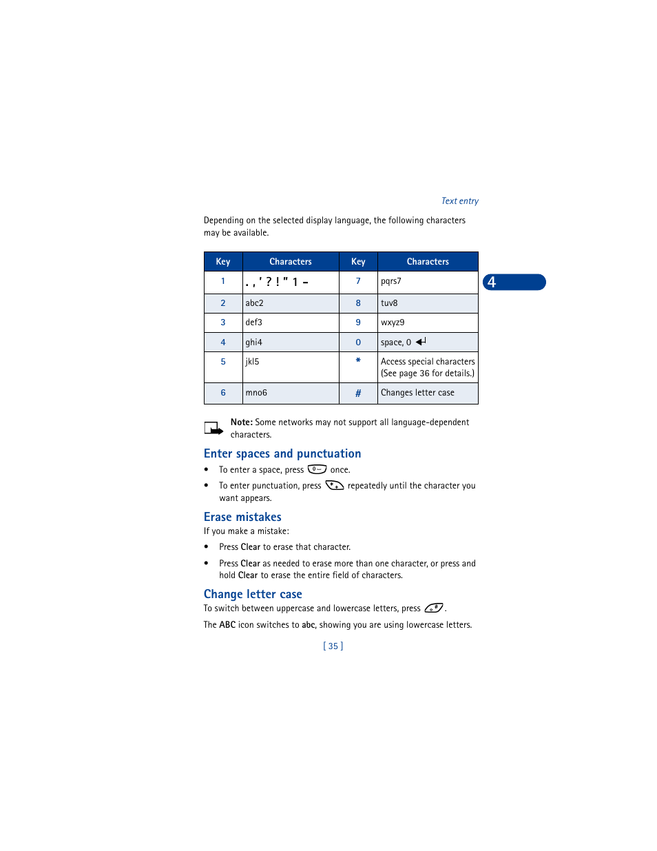 Enter spaces and punctuation, Erase mistakes, Change letter case | Nokia 6590 User Manual | Page 44 / 218