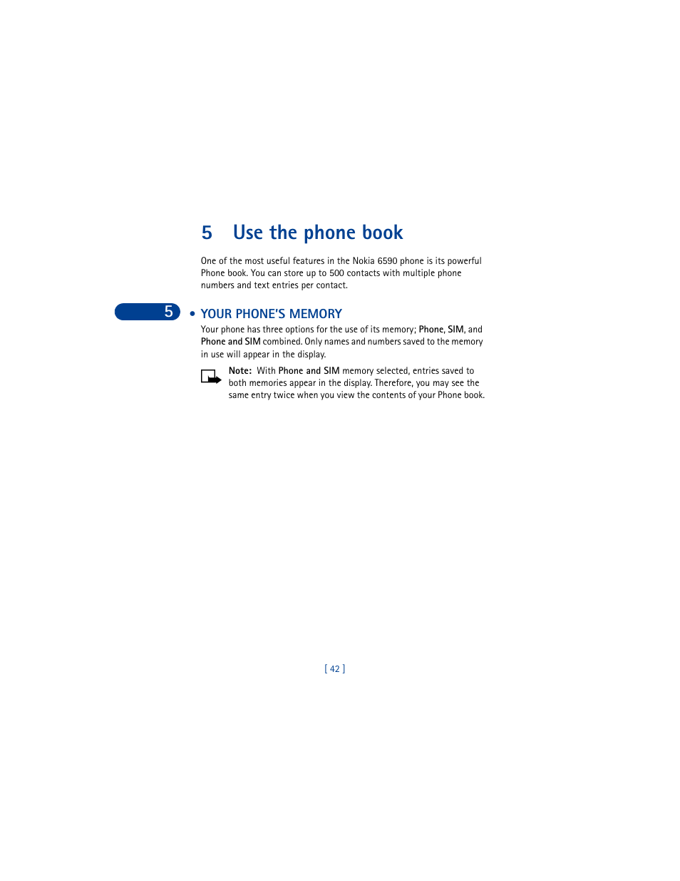 5 use the phone book, Your phone’s memory, Use the phone book | 5use the phone book | Nokia 6590 User Manual | Page 51 / 218