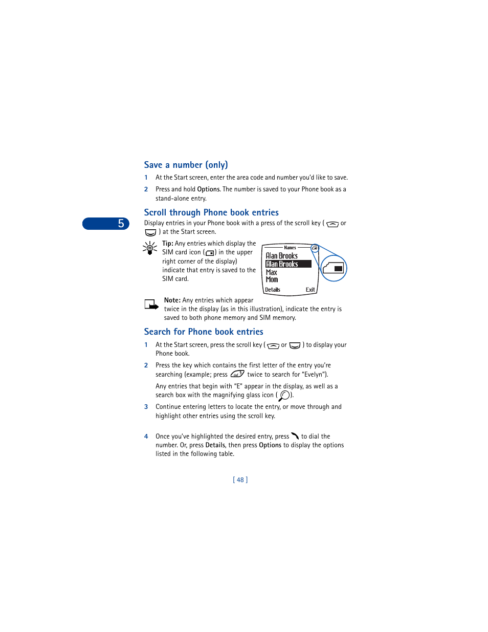 Save a number (only), Scroll through phone book entries, Search for phone book entries | Nokia 6590 User Manual | Page 57 / 218